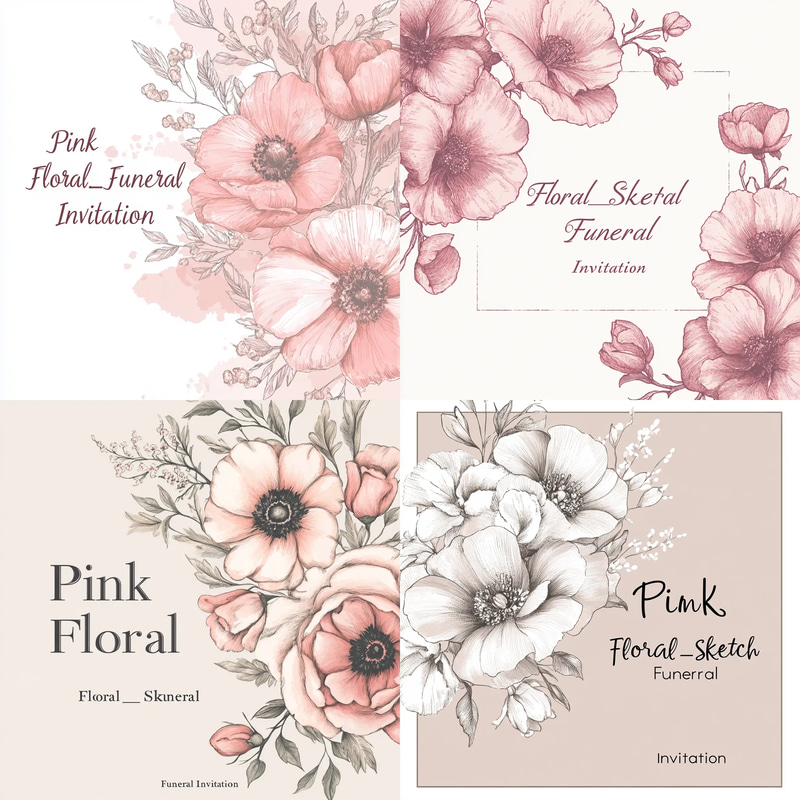 Pink Floral Sketch Funeral Invitation - Elegant Memorial Invitation Template for Sensitive and Respectful Tributes
