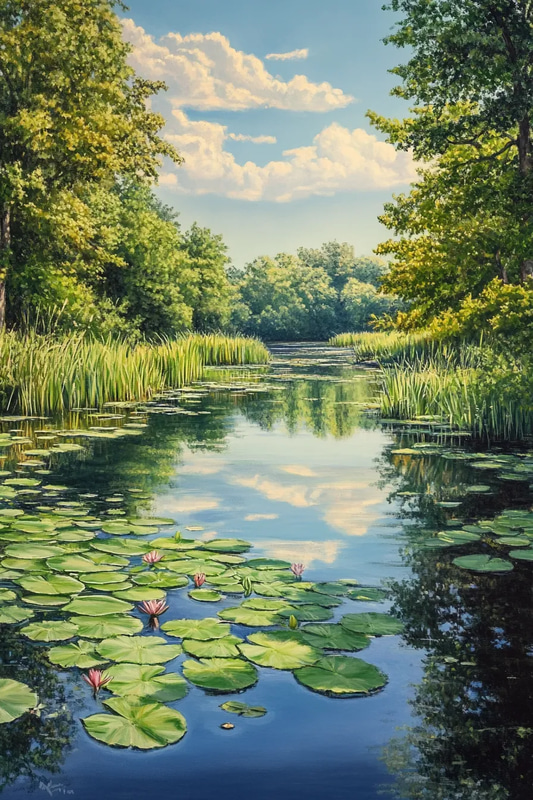Summer Pond Scene - Serene Landscape Art for Relaxing and Inspiring Creative Spaces