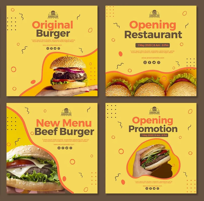 American Food Theme - Restaurant Social Media Post Template - Vibrant Multi-Platform Ads for Food Businesses and Marketers