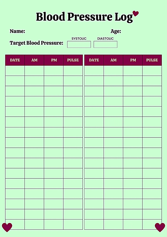 Blood Pressure Tracker Medical Report Sheet - Clean Healthcare Template for Patient Monitoring and Wellness Management