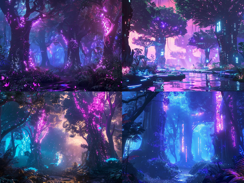 Neon Grove Techno-Organic Woodland - Futuristic Digital Concept Environments for Creators and Designers