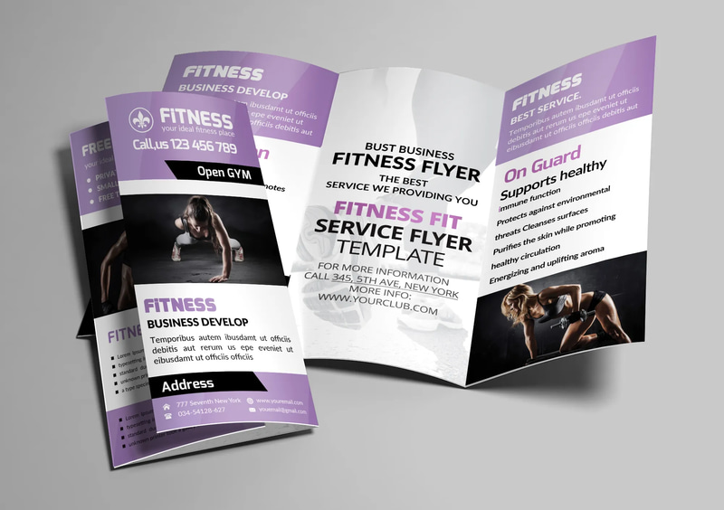 Purple Fitness Club Trifold Flyer - PSD Layout - Dynamic Fitness Marketing Template for Engaging Client Promotions