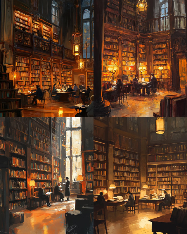 Cozy Library Interior Digital Art - Warm Ambiance Painting for Creative Spaces and Visual Storytelling