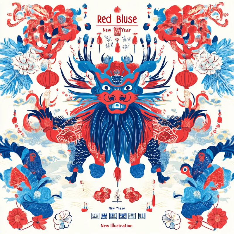 Red Blue Illustrated Chinese New Year Card by FrostNest Lab - Festive Holiday Greetings for Elegant Seasonal Celebrations