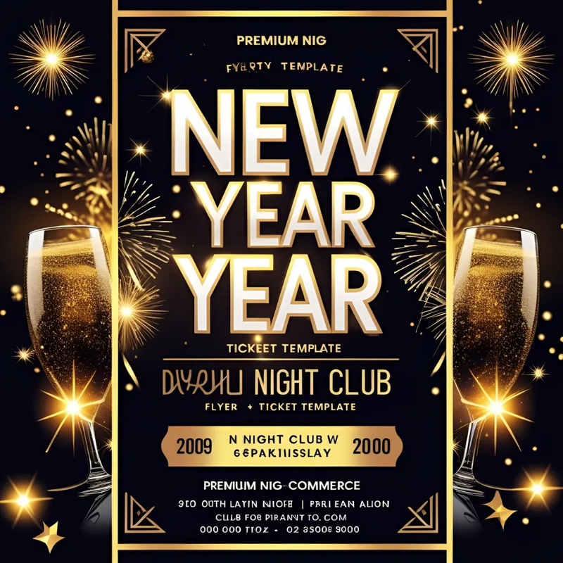 New Year Party Flyer & Event Ticket Template - Premium Night Theme - Sleek Editable Marketing Designs for Event Planners & Brands