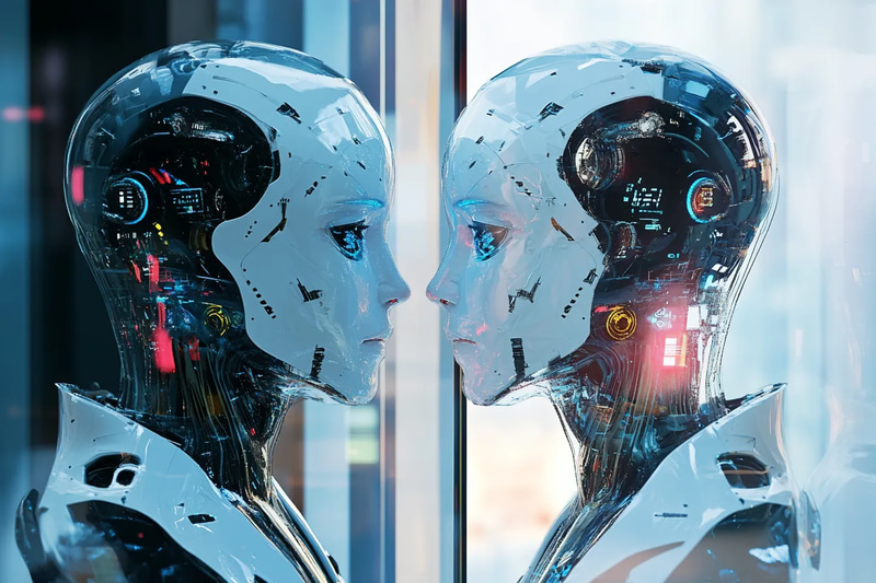 Android Delivering Speech in a Futuristic Auditorium - Sci-Fi Robotics Illustration for Designers and Creators