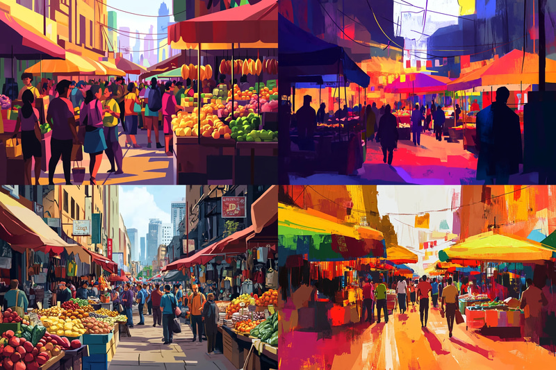 Vibrant Street Market - Dynamic Urban Landscape Art for Creative Spaces and Visual Storytelling