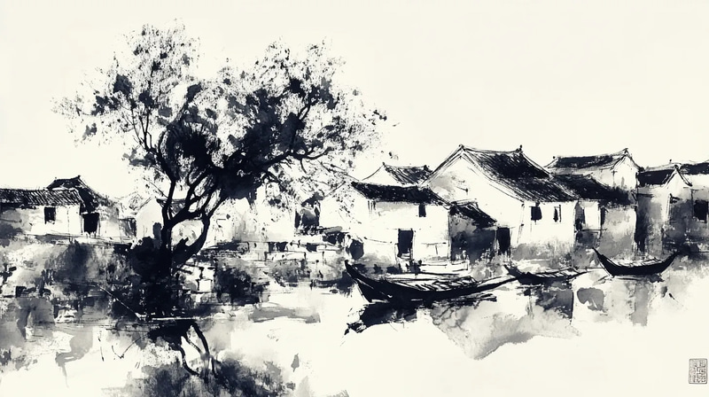 Riverside Village Ink Artwork - Elegant Ink Painting for Artistic Expression and Traditional Aesthetic Lovers