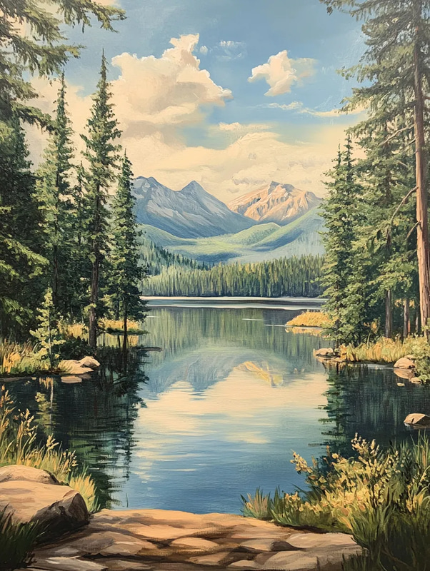Serene Lake Painting - Tranquil Landscape Art for Home Decor and Creative Spaces