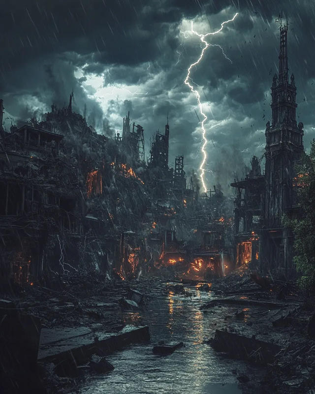 Dark Stormy Sky over a Devastated City - Post-Apocalyptic Sci-Fi Art for Immersive Visual Storytelling