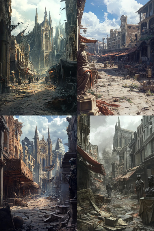 Once Bustling Market Square in Ruins - Post-Apocalyptic Sci-Fi Art for Atmospheric Storytelling and Creative Projects