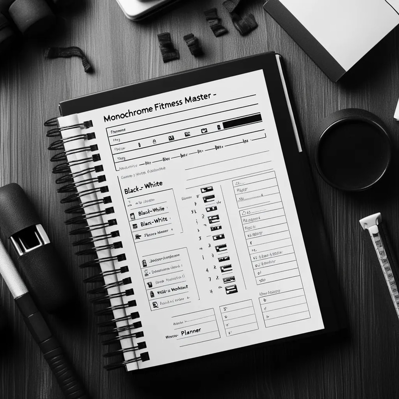 Monochrome Fitness Master - Black-White Workout Planner - Sleek Wellness Organizer for Fitness Enthusiasts and Goal-Driven Workouts
