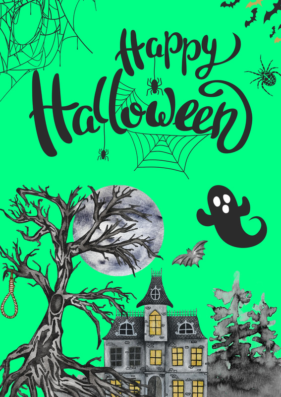 Gray Illustrative Happy Halloween Card - Artistic Spooky Greeting for Seasonal Celebrations and Personal Use