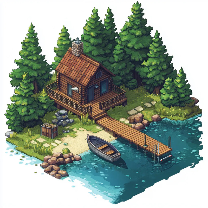 Tranquil Lakeside Cabin Pixel Scene - Isometric Pixel Art for Game Developers and Digital Creators