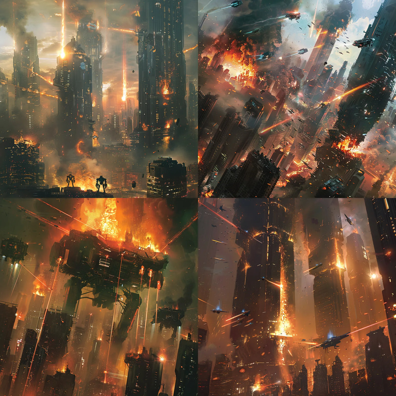 Neon Fall Skyline Under Attack Scene - Immersive Cyberpunk Concept Art for Storytelling and Visual Development