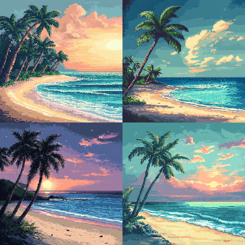 Serene Beach Pixel Art with Palm Trees - Vibrant Pixel Landscape Art for Game Designers and Digital Creators