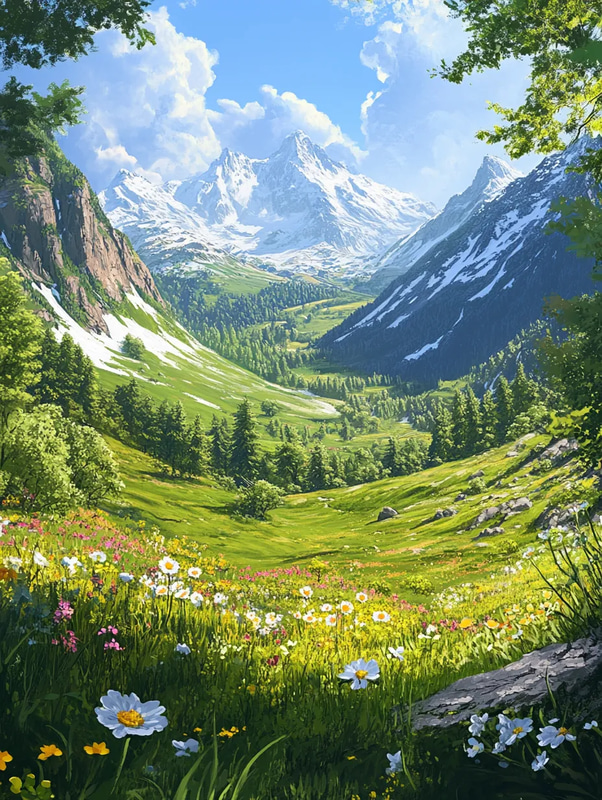 Spring Mountain Valley - Serene Mountain Landscape Art for Nature Lovers and Creative Decor
