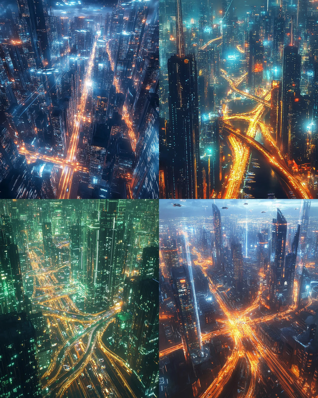 Nighttime Aerial View of a Futuristic City - Immersive Sci-Fi Digital Art for Creative and Commercial Projects