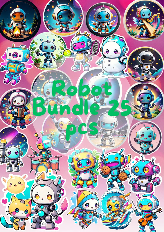25 Robot Designs Fantasy Sticker Bundle - Creative Futuristic Robot Stickers for Personal and Commercial Use