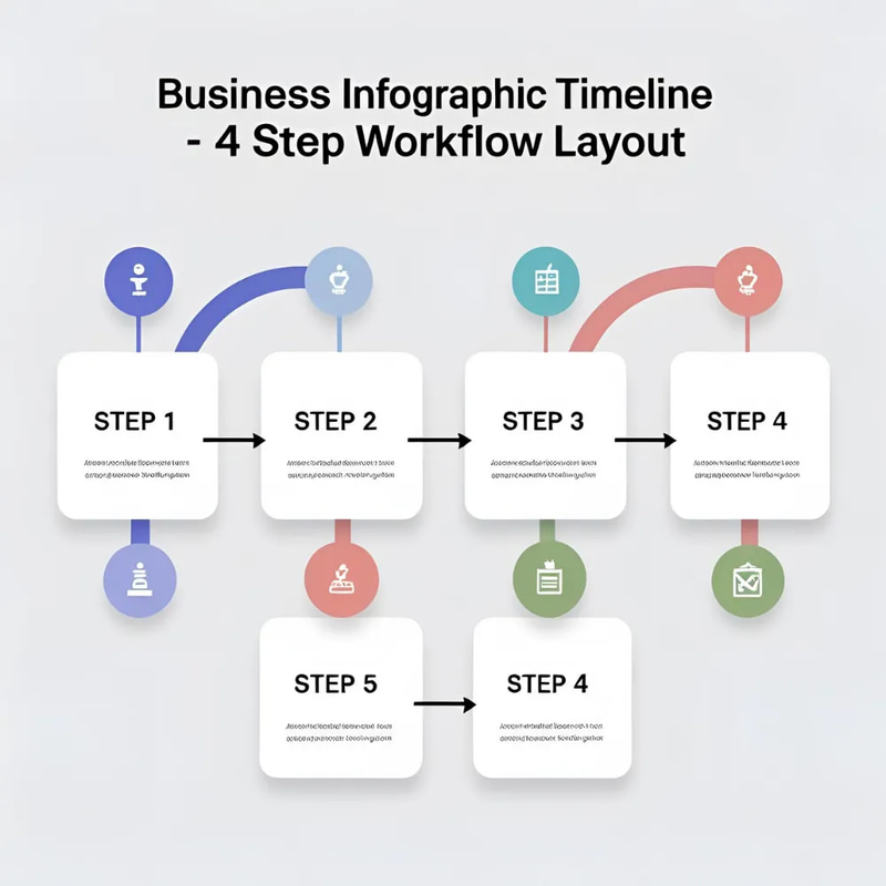 Business Infographic Timeline Template - 4 Step Workflow Layout - Professional Visuals for Clear Project Planning and Strategic Presentations