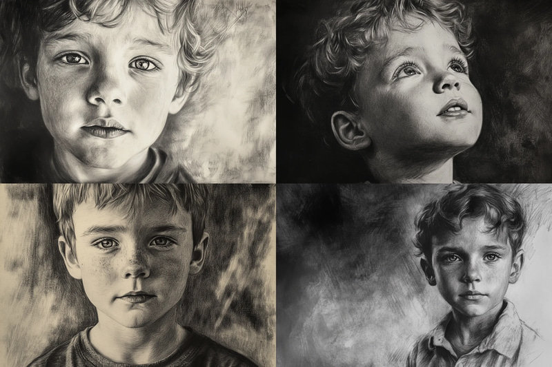 Dynamic Shading Charcoal Portrait of Young Boy - Expressive Monochrome Portrait Art for Collectors and Creative Spaces