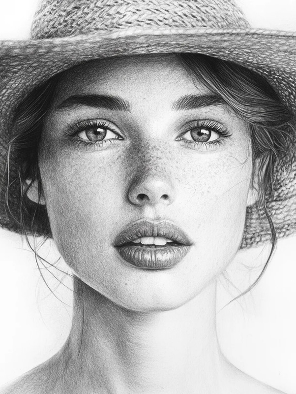Woman in Hat Pencil Portrait with Texture - Artistic Charcoal & Pencil Portrait for Creative Projects and Fine Art Enthusiasts
