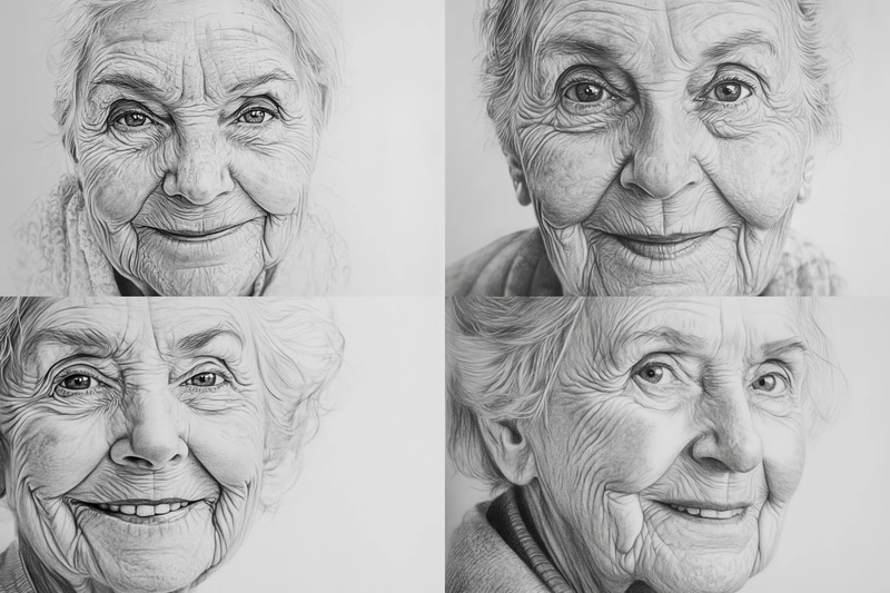 Smiling Elderly Woman Pencil Portrait - Expressive Charcoal & Pencil Portrait Art for Timeless Personal and Professional Projects