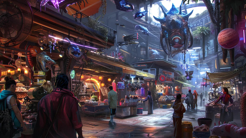 Xeno Bazaar Interstellar Marketplace - Digital Environmental Illustrations for Sci-Fi Creators and Concept Artists