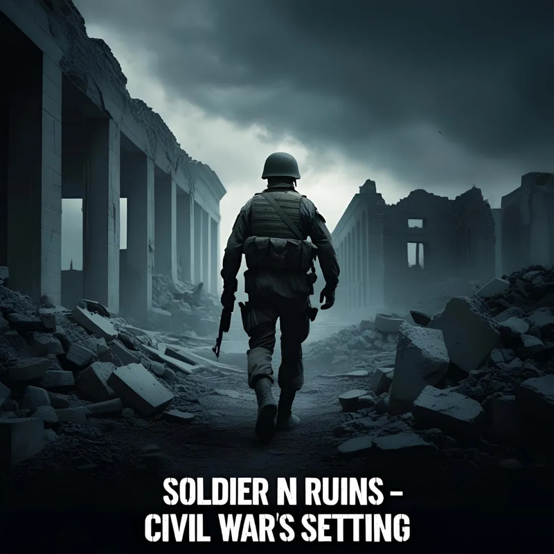 Soldier in Ruins - Civil War Setting - Cinematic Military Stock Video for Security and Historical Projects