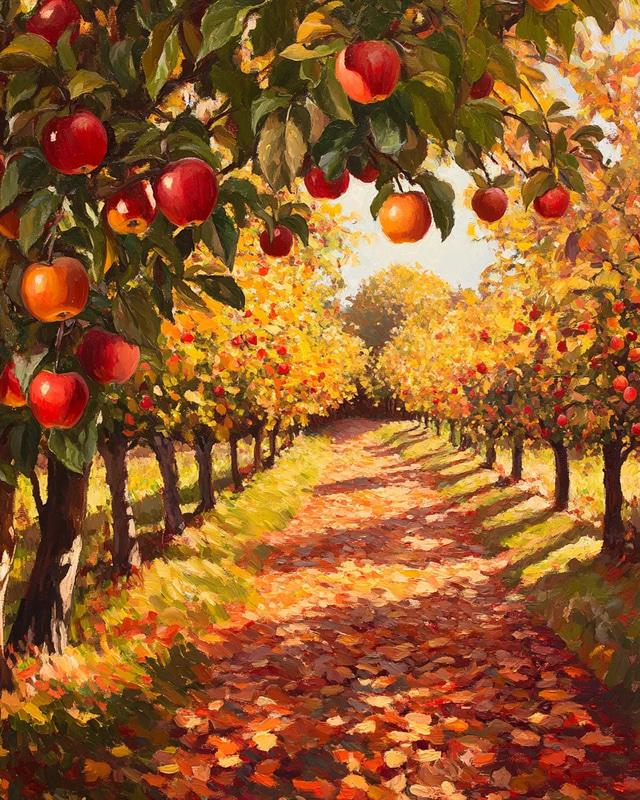 Autumn Orchard Scene - Lush Autumn Landscape Art for Creative Projects and Seasonal Decor