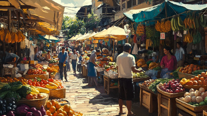 Crowded Small Town Market Scene - Vibrant Digital Life Painting for Artists and Storytellers
