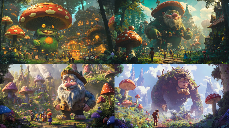 Gentle Ben Village Helper Scene - Whimsical Cartoony Fantasy Art for Storytelling and Creative Projects