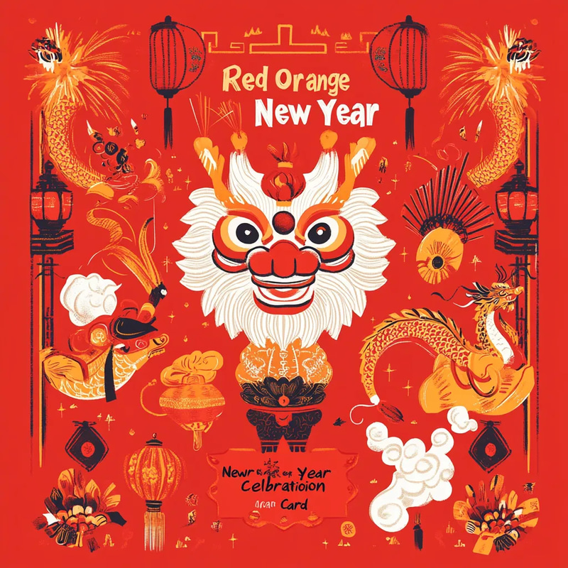 Red Orange Lunar New Year Celebration Card - Vibrant Festive Holiday Greetings for Personal & Business Use